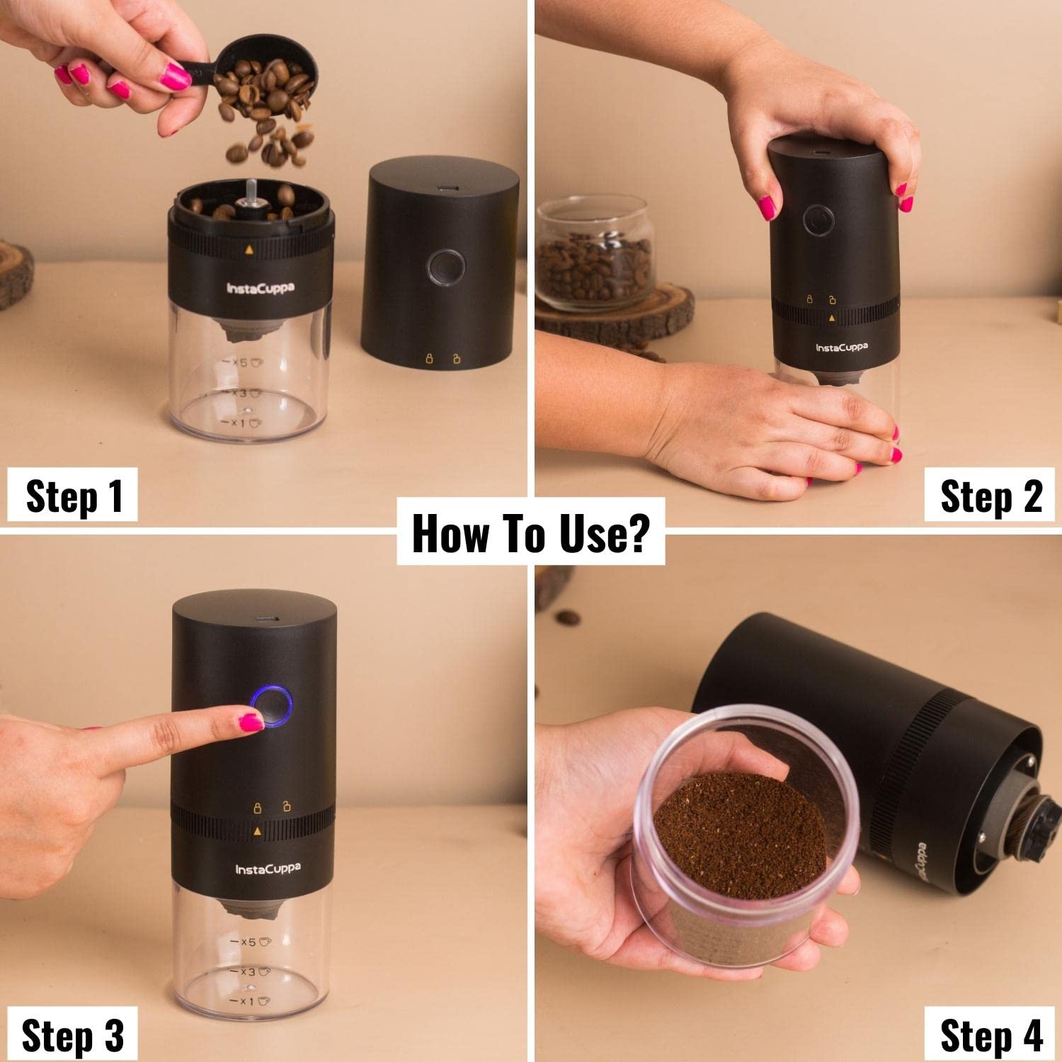 Instacuppa Rechargeable Coffee Bean Grinder With Ceramic Conical Burr Mill, One Click Operation, 5 Adjustable Grind Settings, Ai